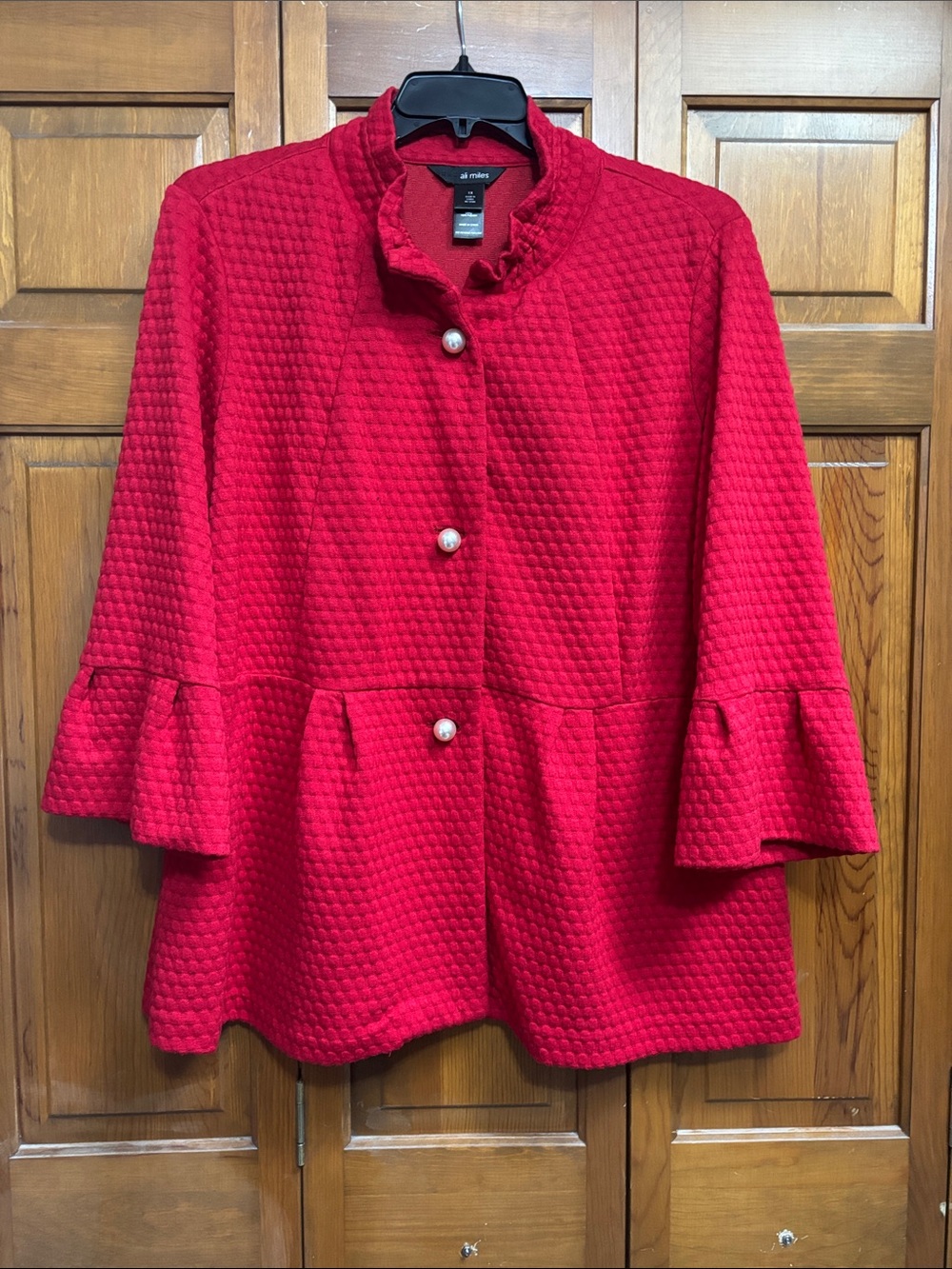 Ali Miles Red Textured Peplum Jacket with Pearl Buttons